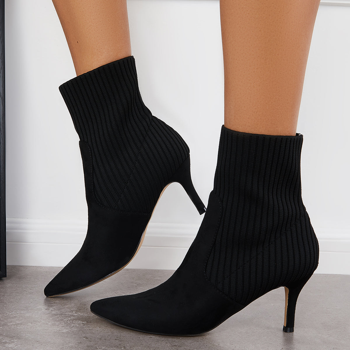 Women's Pointed Toe Knit Sock Booties Stiletto Kitten Heel Ankle Boots