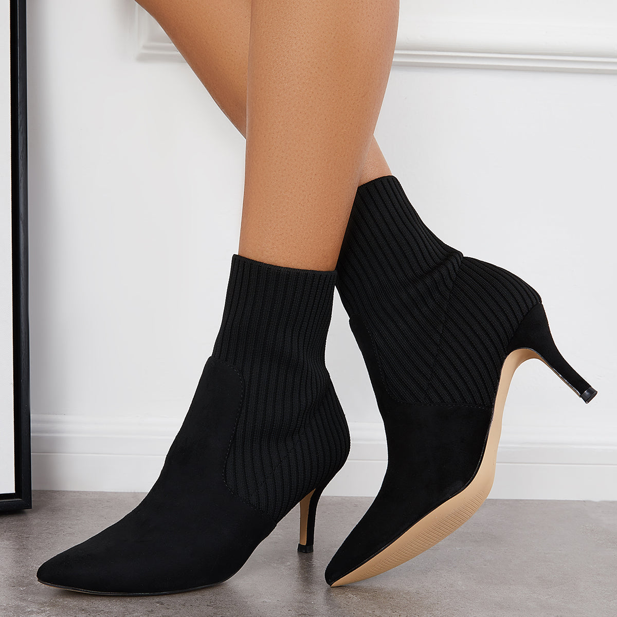 Women's Pointed Toe Knit Sock Booties Stiletto Kitten Heel Ankle Boots