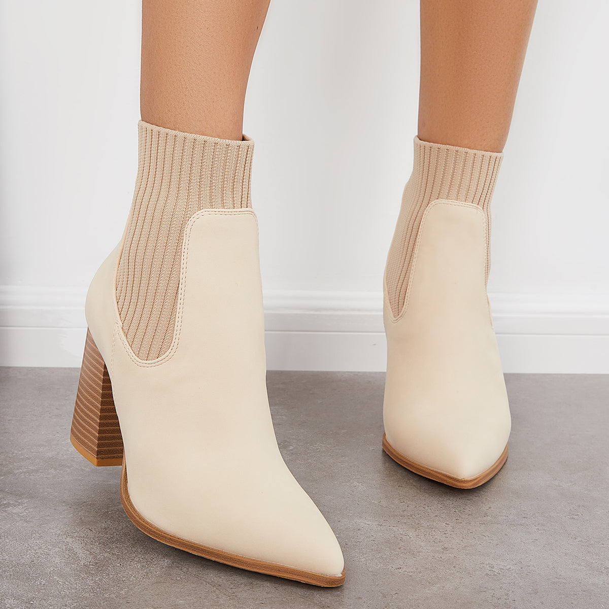 Women Casual Ankle Boots Khaki Chunky Heel Sock Booties