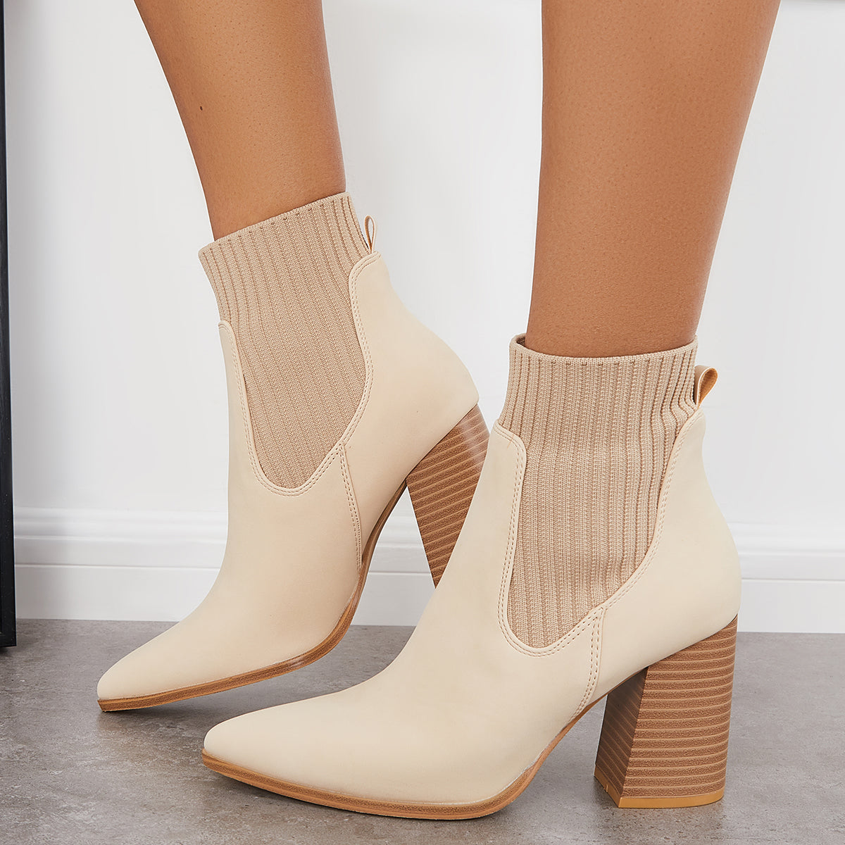 Women Casual Ankle Boots Khaki Chunky Heel Sock Booties