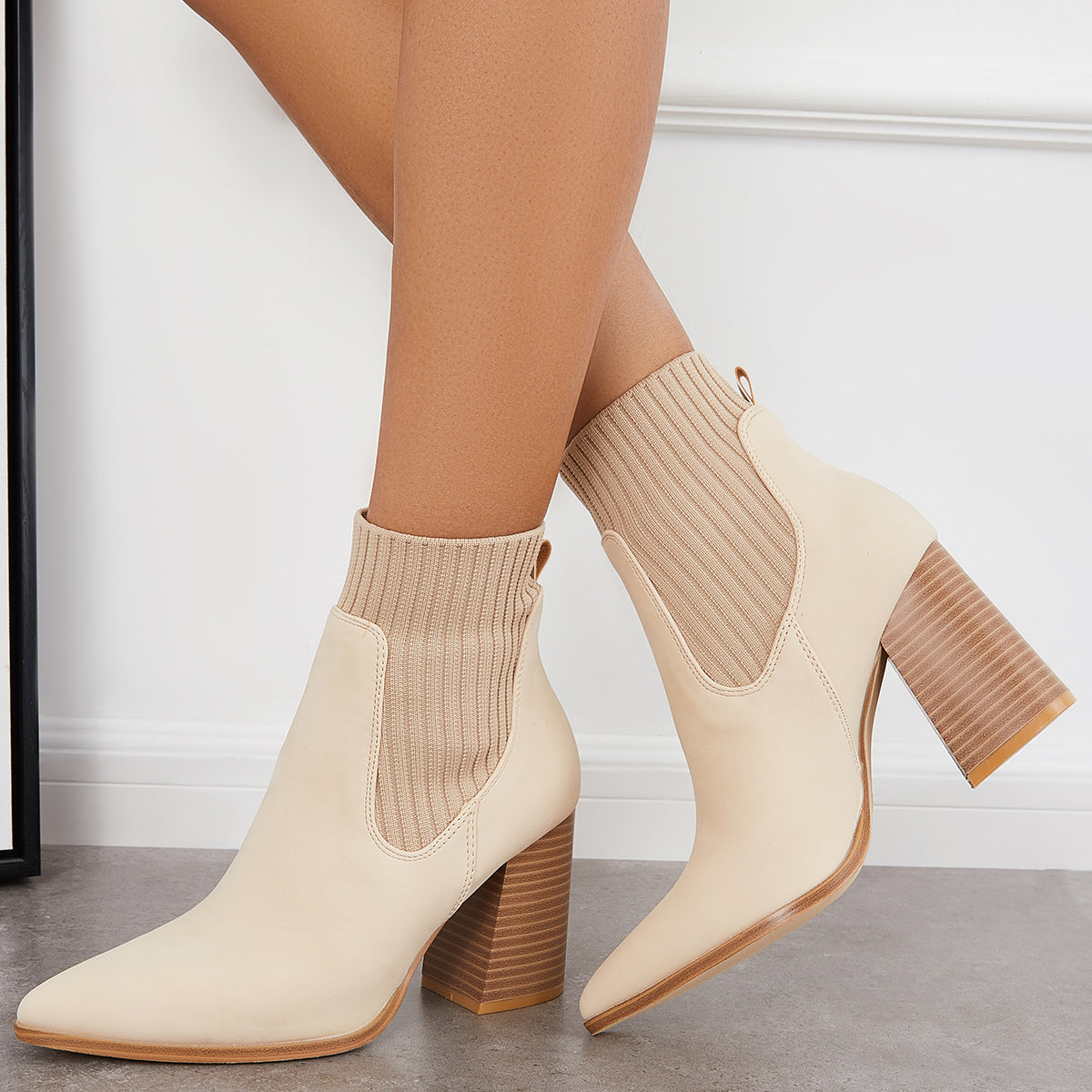 Women Casual Ankle Boots Khaki Chunky Heel Sock Booties