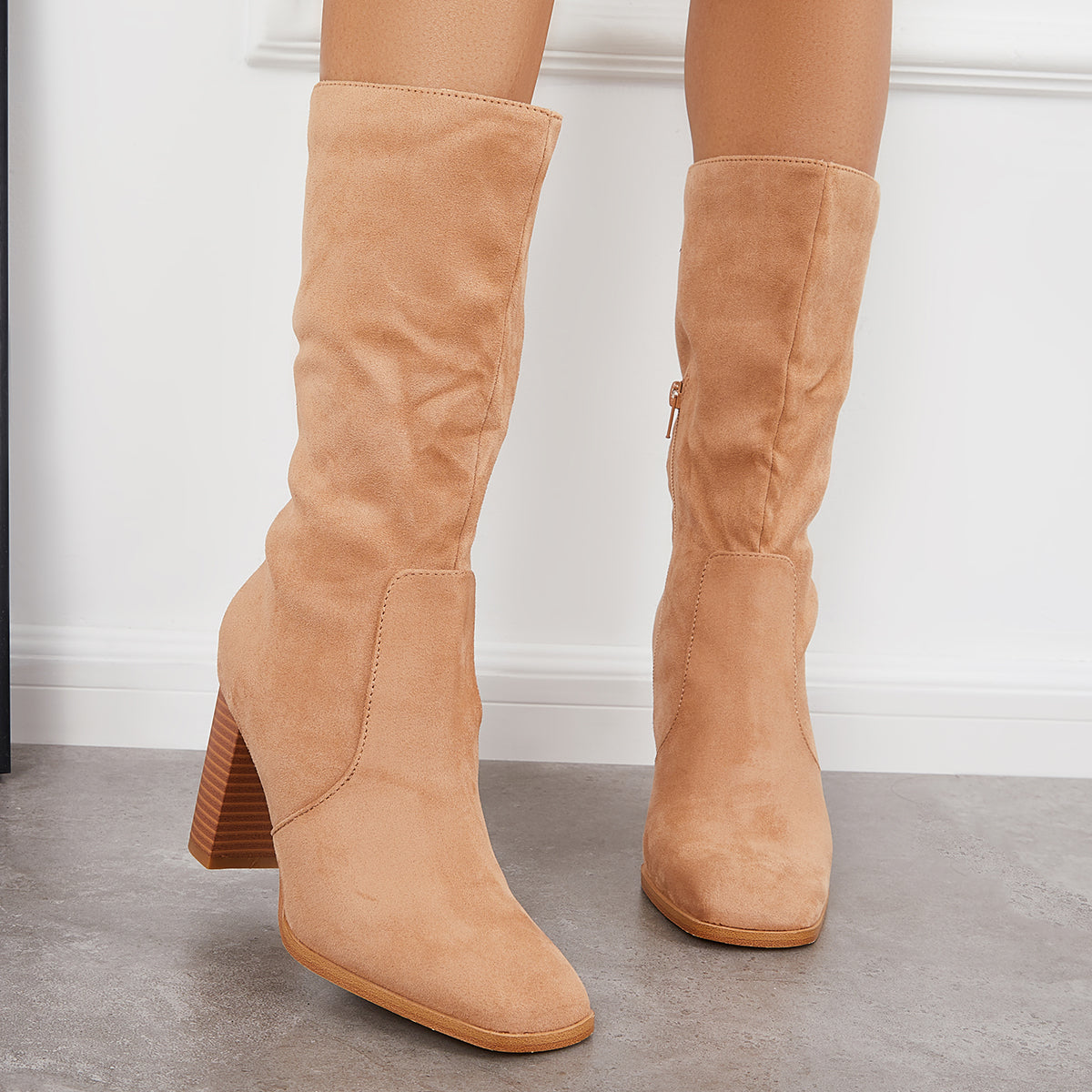 Women Stretch Wide Calf Riding Boots Suede Chunky High Heel Booties