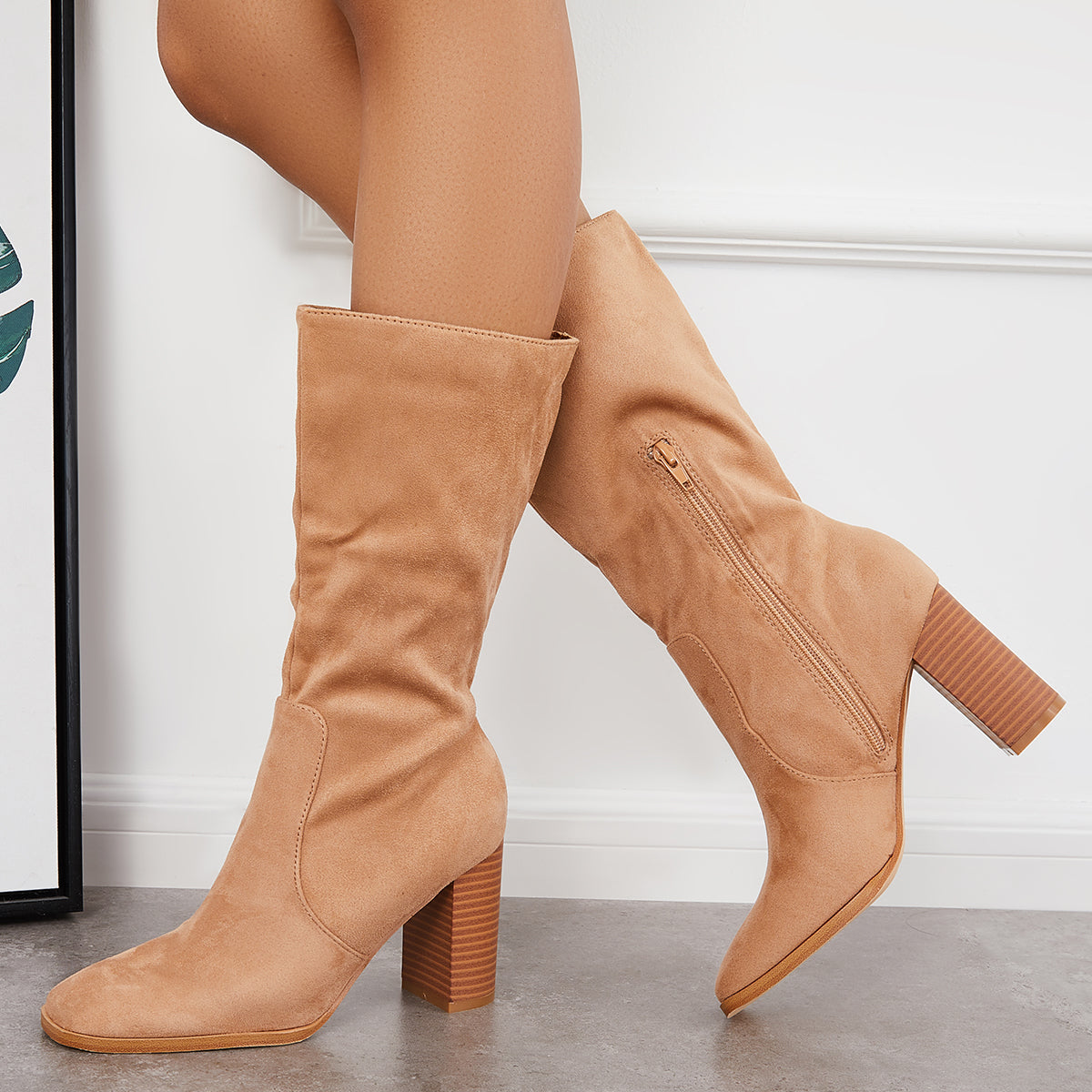 Women Stretch Wide Calf Riding Boots Suede Chunky High Heel Booties