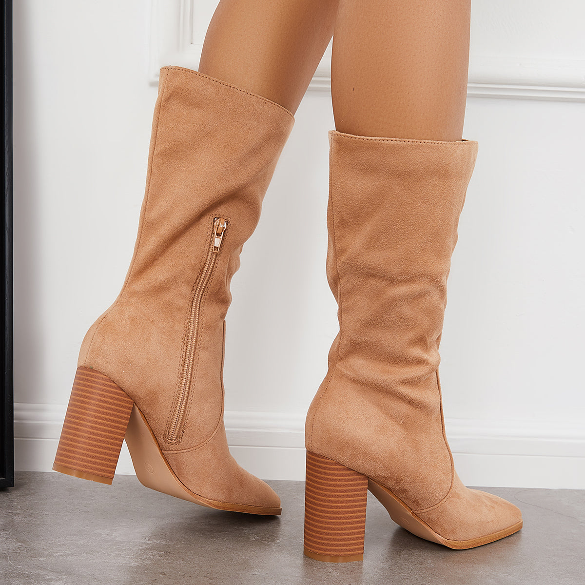 Women Stretch Wide Calf Riding Boots Suede Chunky High Heel Booties