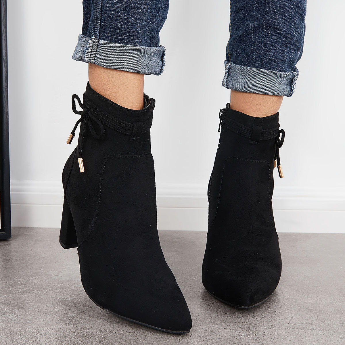 Women Bow Decor Chunky Heeled Booties Side Zipper Ankle Boots