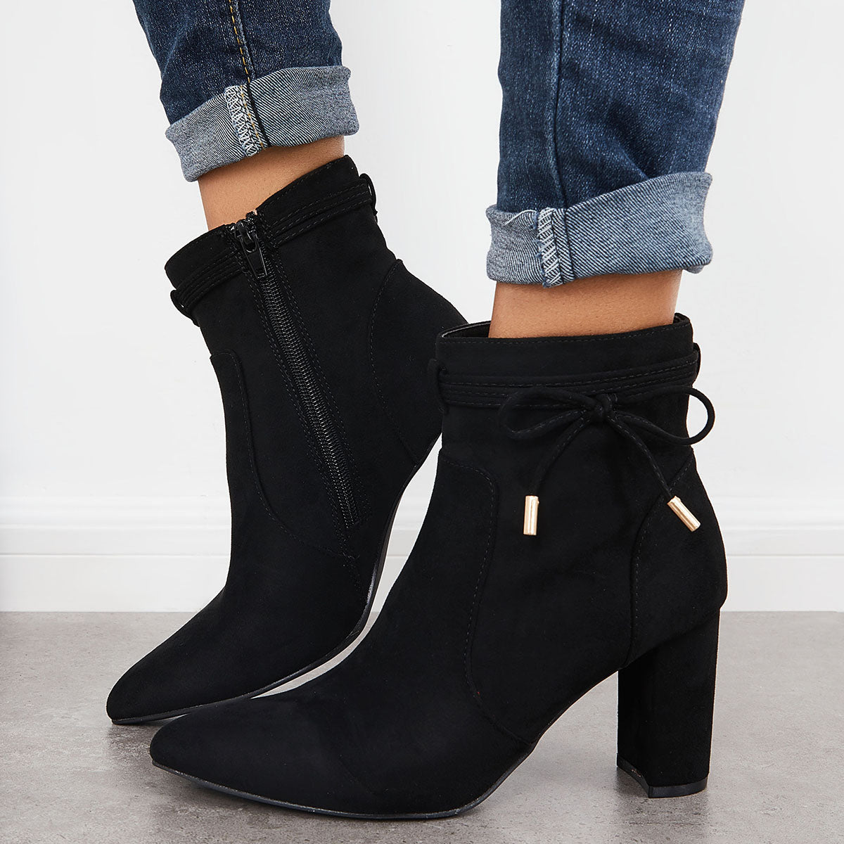 Women Bow Decor Chunky Heeled Booties Side Zipper Ankle Boots