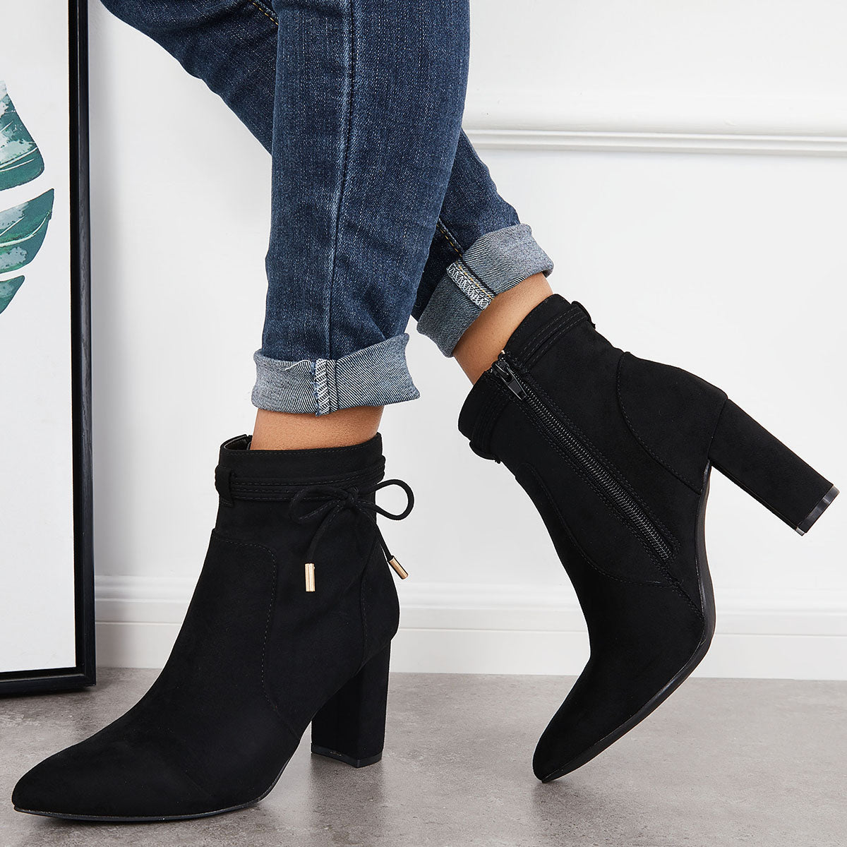 Women Bow Decor Chunky Heeled Booties Side Zipper Ankle Boots