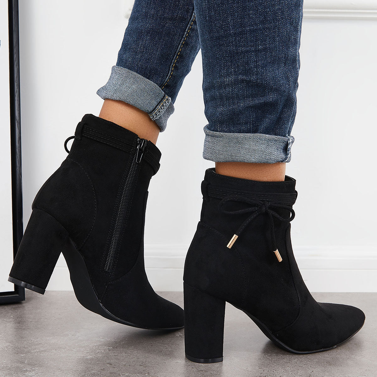 Women Bow Decor Chunky Heeled Booties Side Zipper Ankle Boots