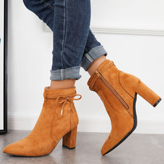 Women Bow Decor Chunky Heeled Booties Side Zipper Ankle Boots