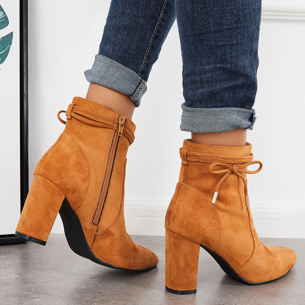 Women Bow Decor Chunky Heeled Booties Side Zipper Ankle Boots