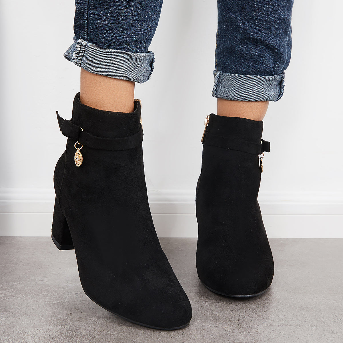 Round Toe Ankle Boots Chunky Block Heels Side Zipper Dress Booties