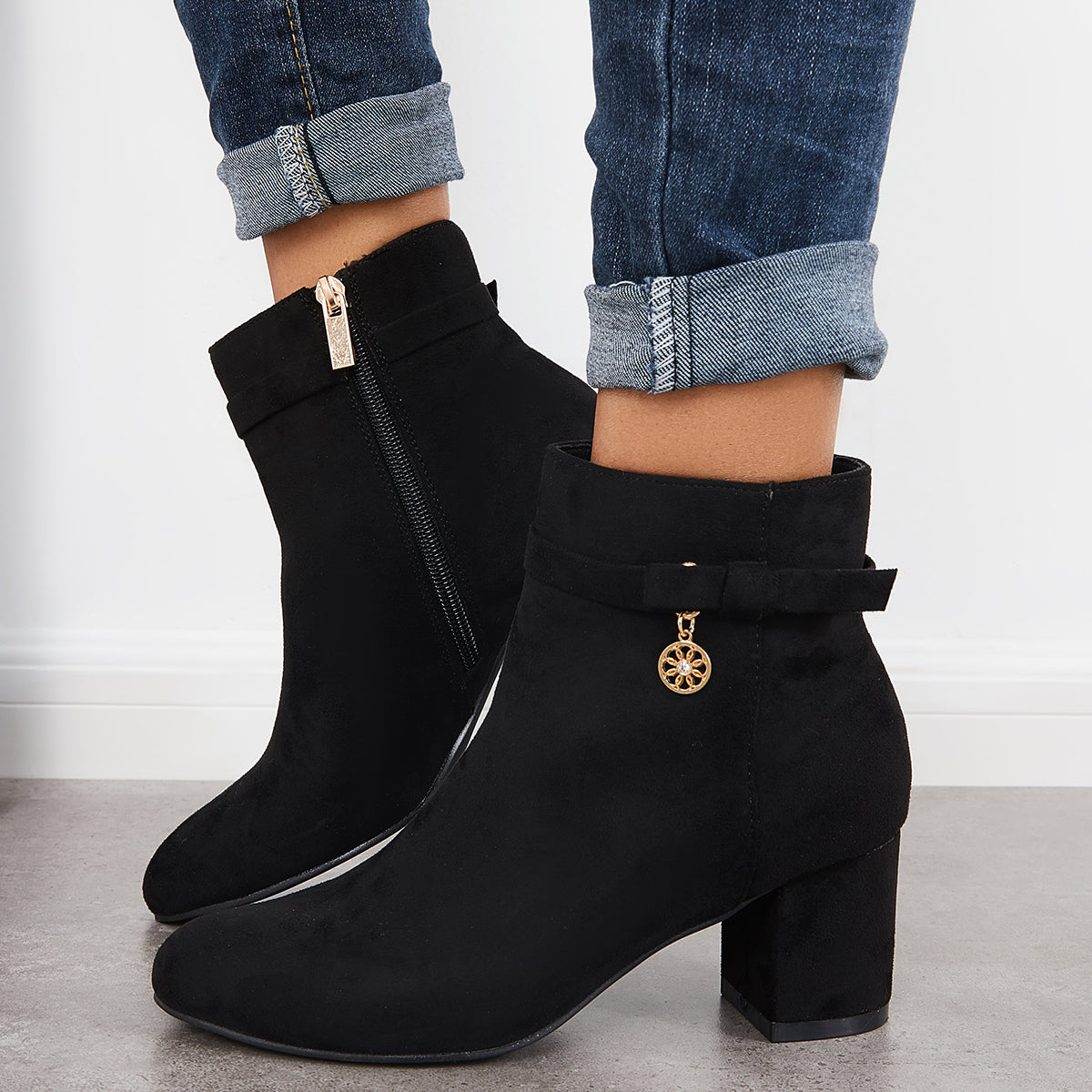 Round Toe Ankle Boots Chunky Block Heels Side Zipper Dress Booties