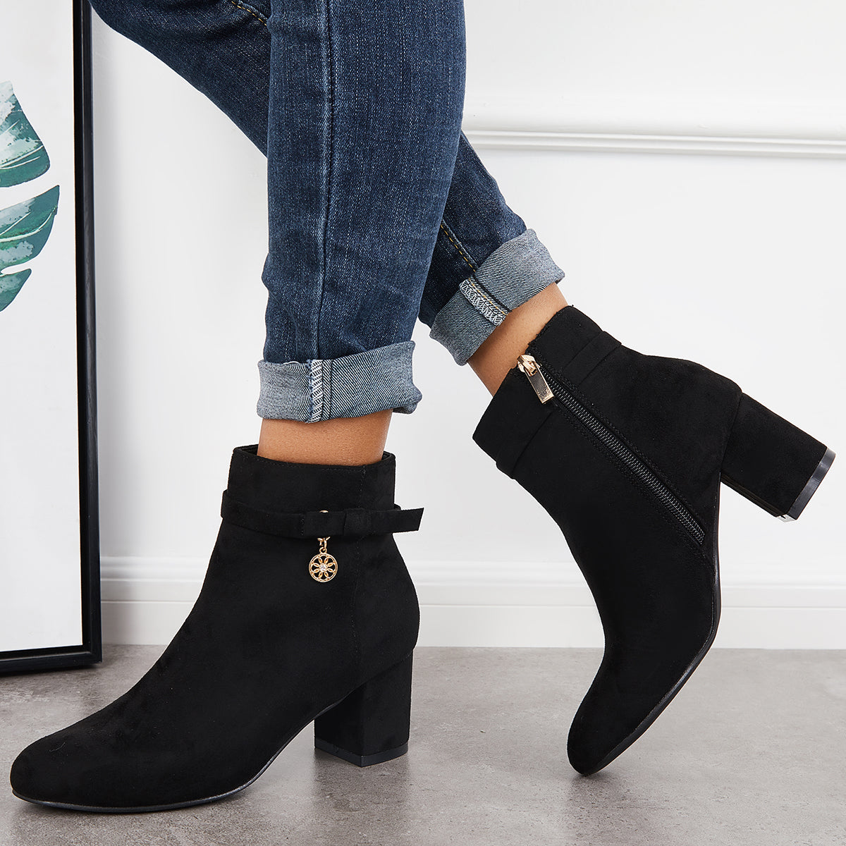 Round Toe Ankle Boots Chunky Block Heels Side Zipper Dress Booties