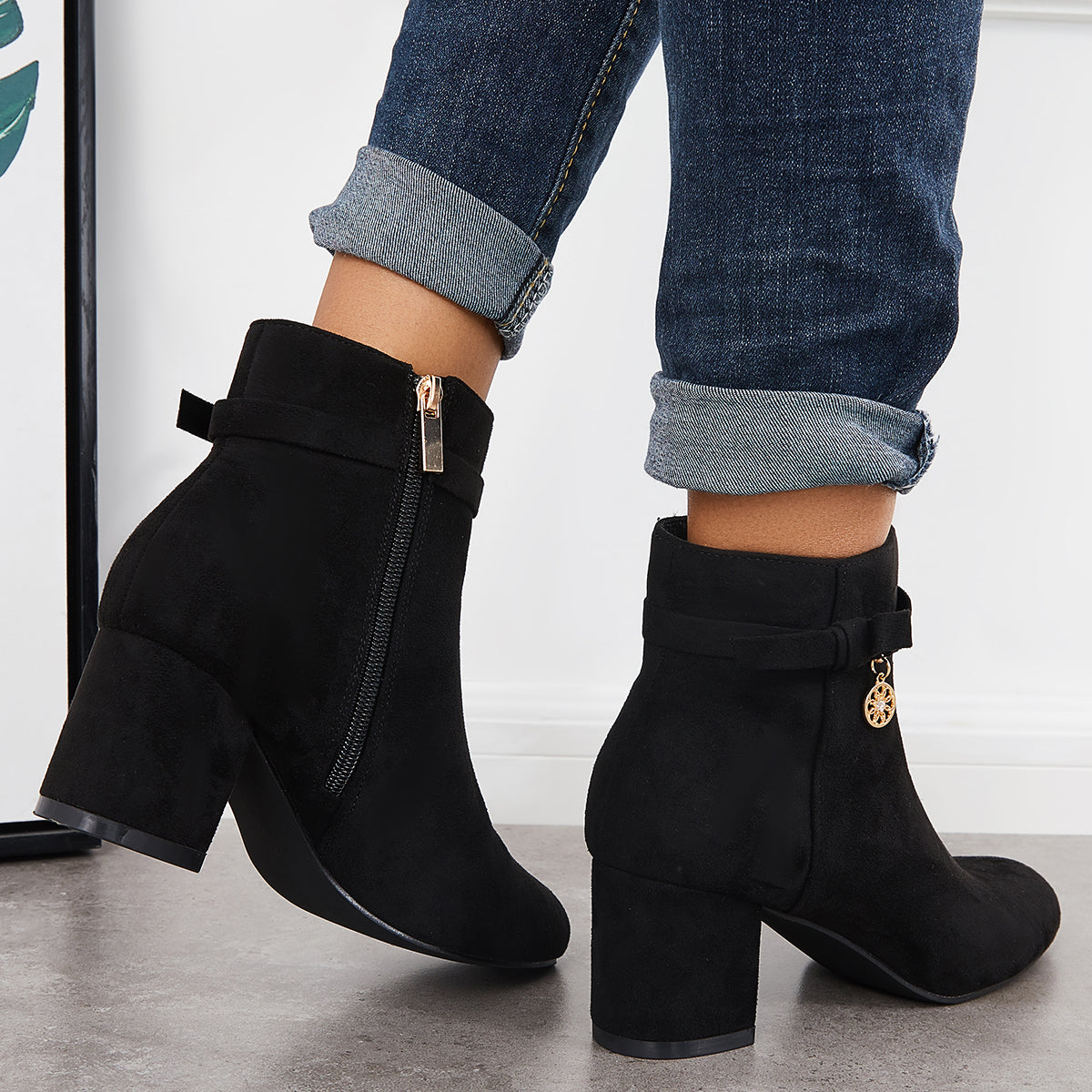 Round Toe Ankle Boots Chunky Block Heels Side Zipper Dress Booties