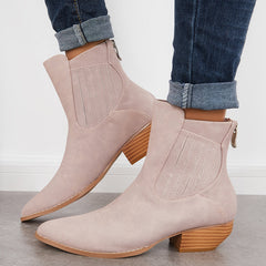 Women Western Cowboy Booties Chunky Stacked Heel Zipper Ankle Boots