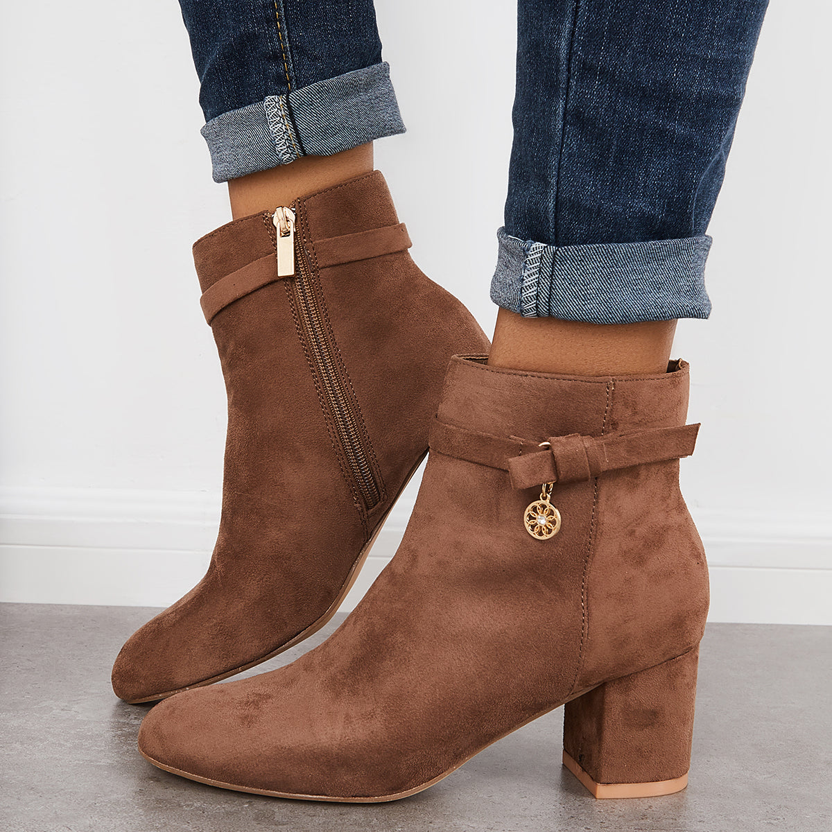 Round Toe Ankle Boots Chunky Block Heels Side Zipper Dress Booties