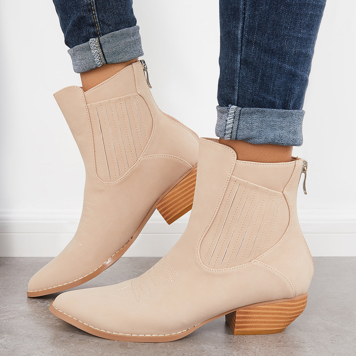 Women Western Cowboy Booties Chunky Stacked Heel Zipper Ankle Boots