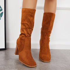 Women Stretch Wide Calf Riding Boots Suede Chunky High Heel Booties