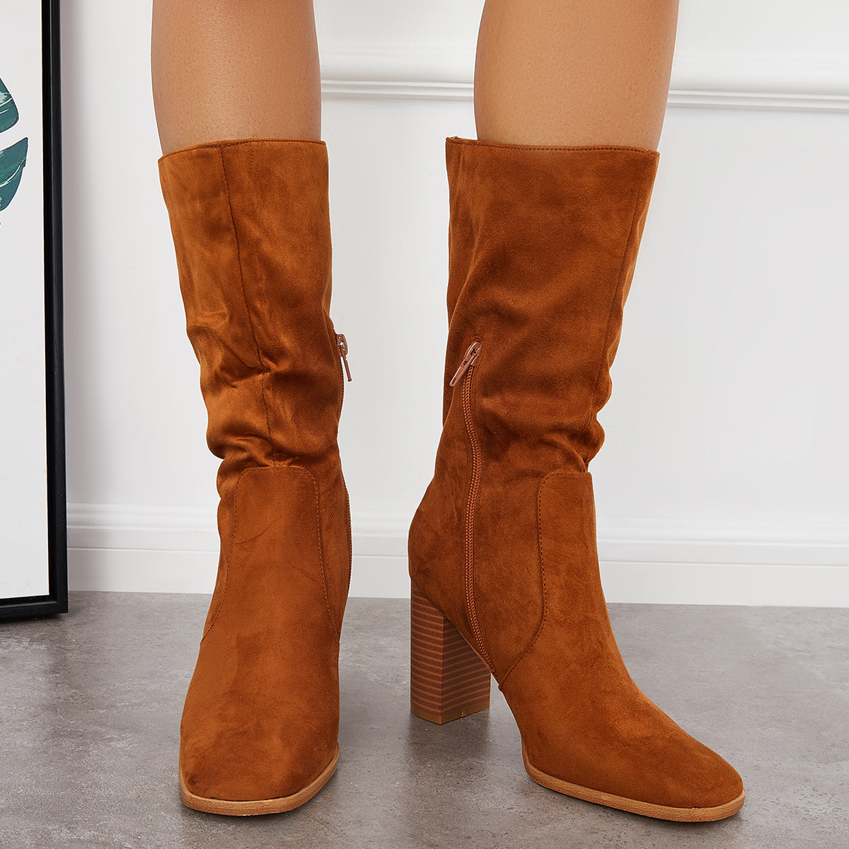 Women Stretch Wide Calf Riding Boots Suede Chunky High Heel Booties