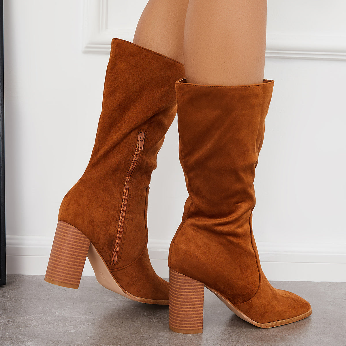 Women Stretch Wide Calf Riding Boots Suede Chunky High Heel Booties