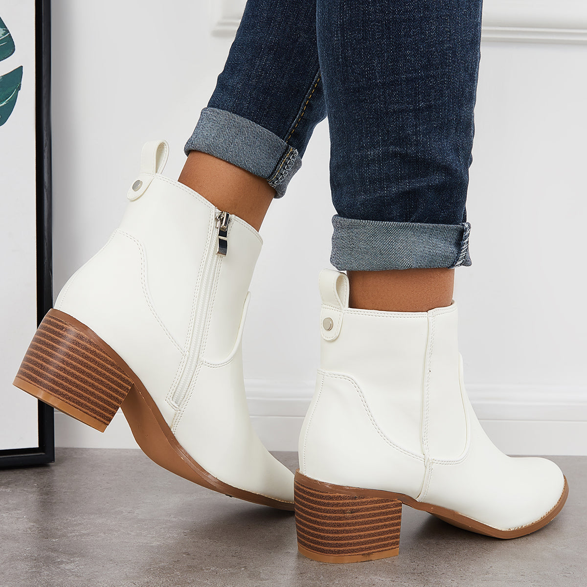 Women Chunky Block Heel Ankle Boots Pointed Toe Casual Winter Booties