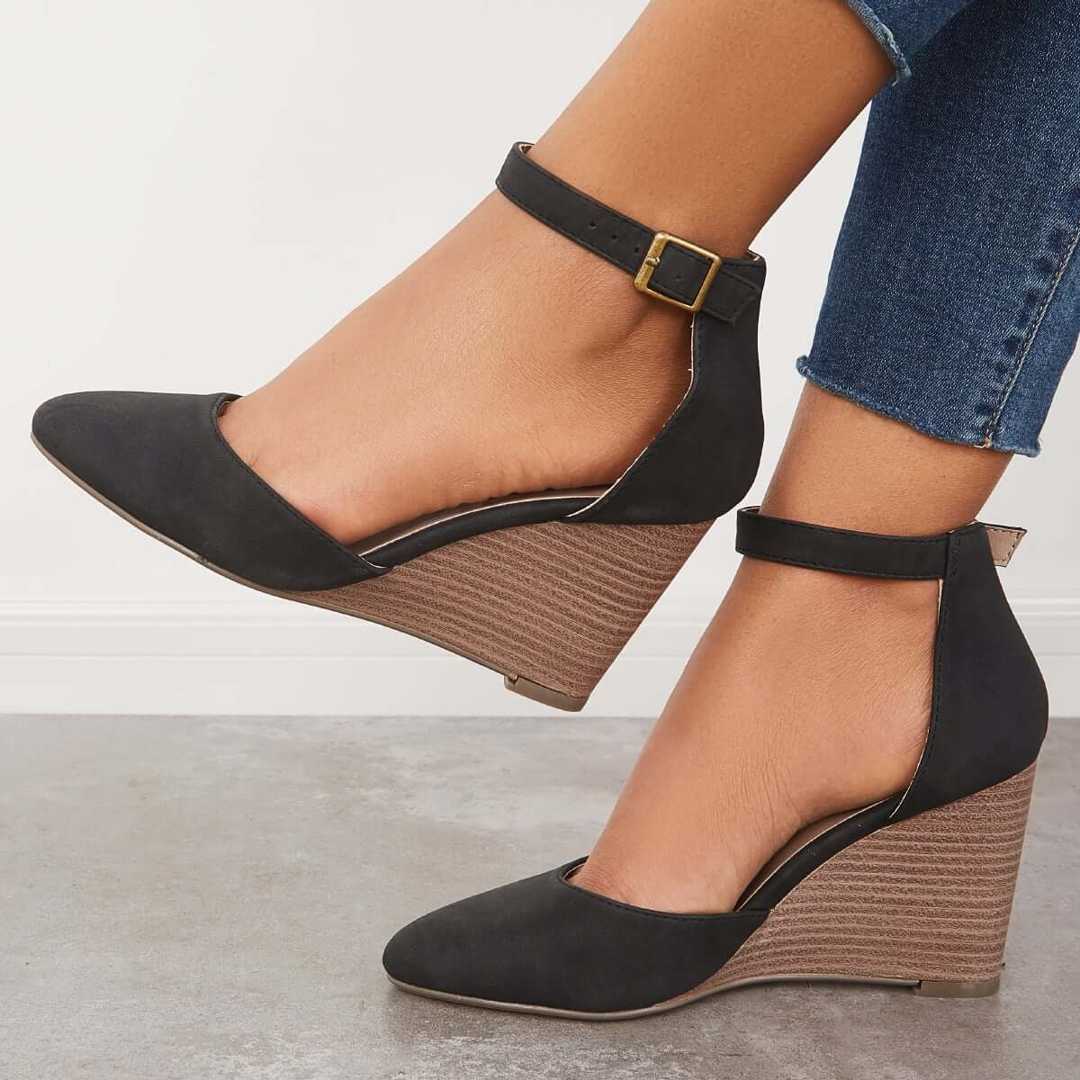 Classic Ankle Strap Wedges Pointed Toe Stacked Heel Dress Pumps