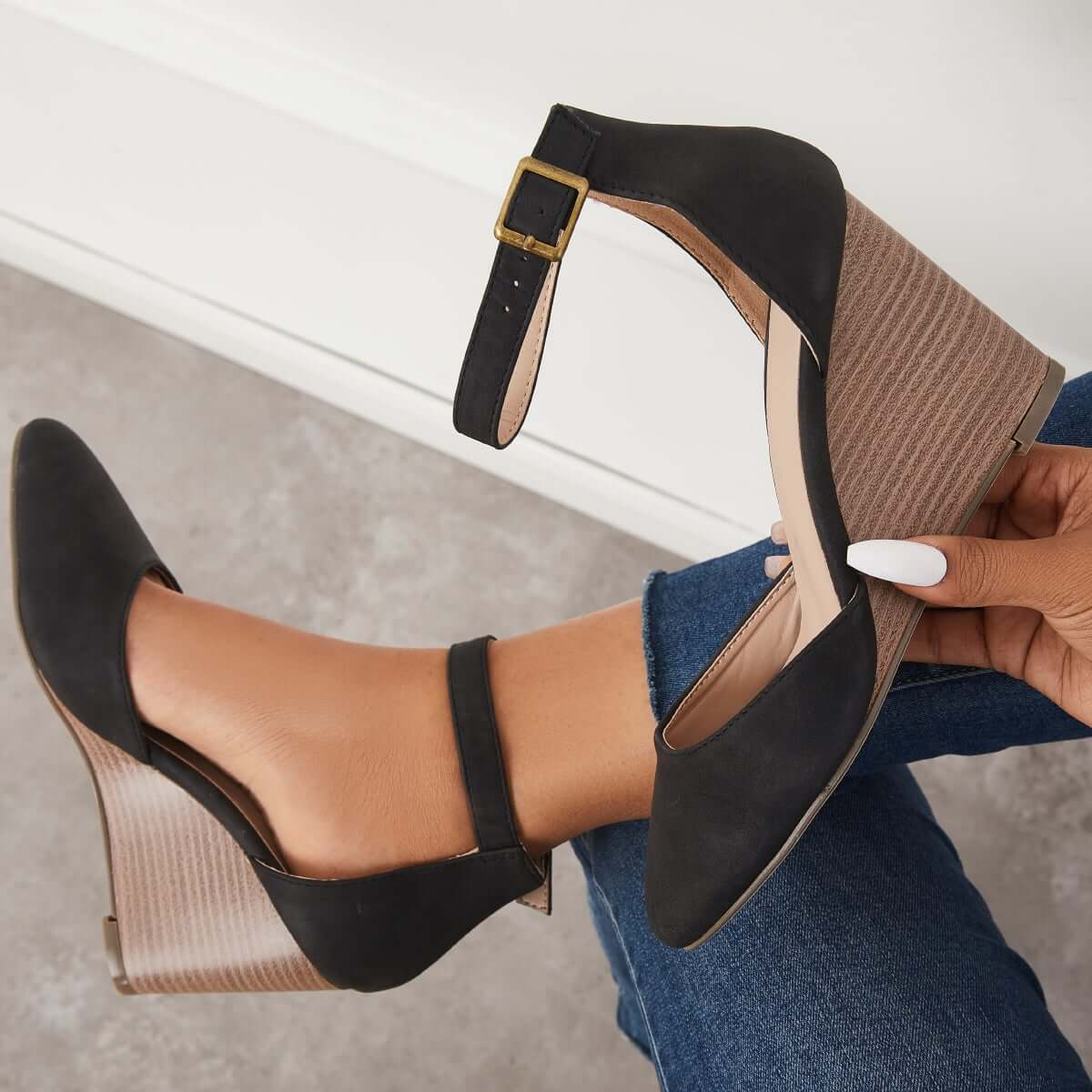 Classic Ankle Strap Wedges Pointed Toe Stacked Heel Dress Pumps