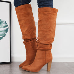 Women Slouch Knee High Boots Wide Calf Chunky Stack Heel Booties