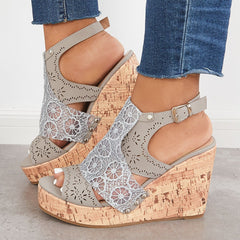 Women's Gray Summer Platform Wedge Sandals Open Toe Lace Cork High Heel Sandals