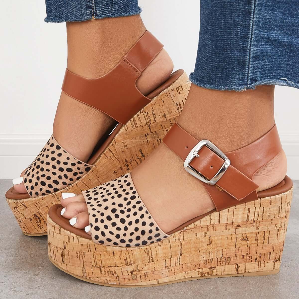 Open Toe Platform Cork Heels Wedge Ankle Buckle Strap Sandals