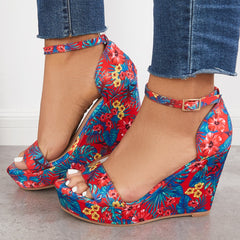 Women's Printed Floral Style Platform Wedges Ankle Strap Sandals