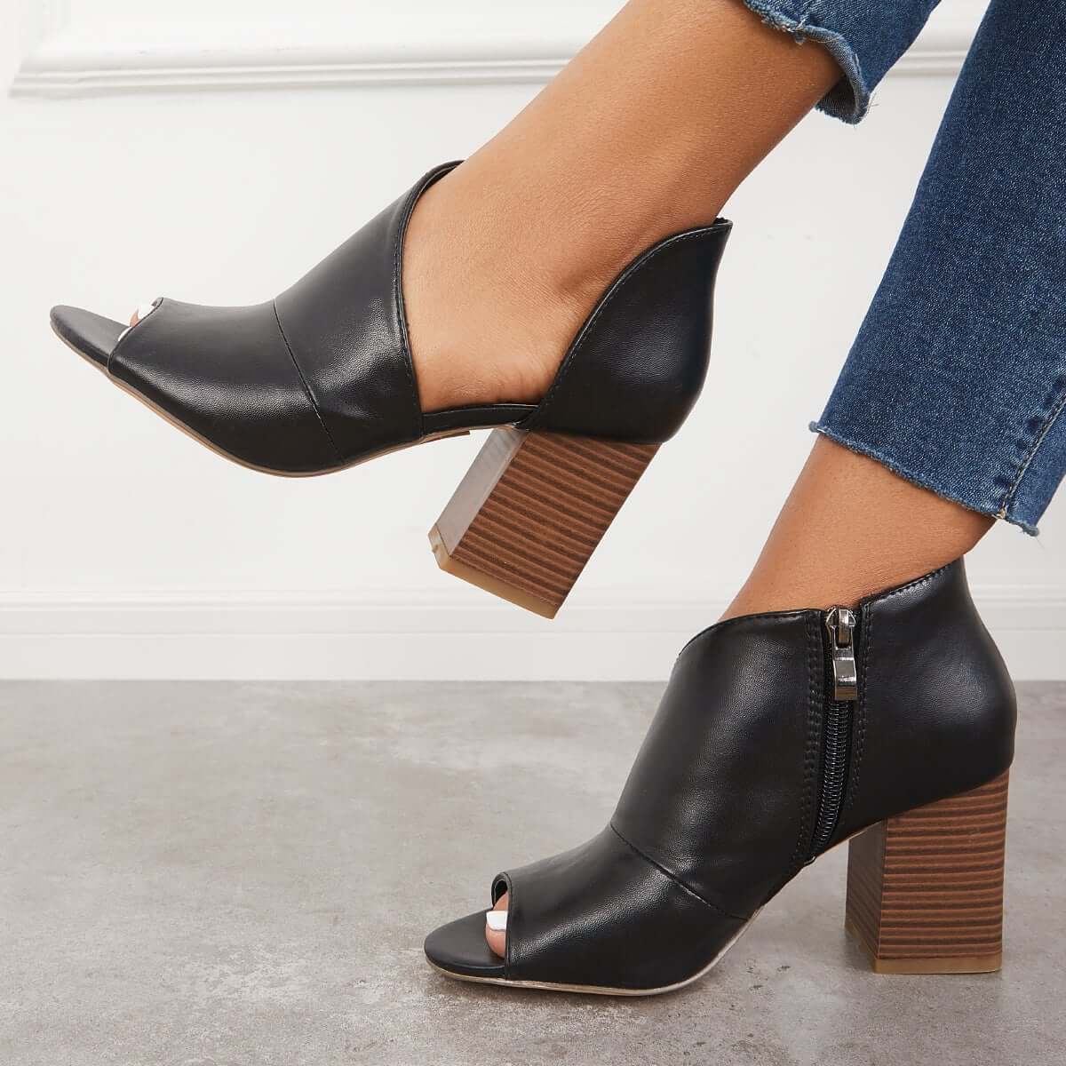 Women's Black Cut Out Peep Toe Pumps Chunky Block Heel Ankle Boots