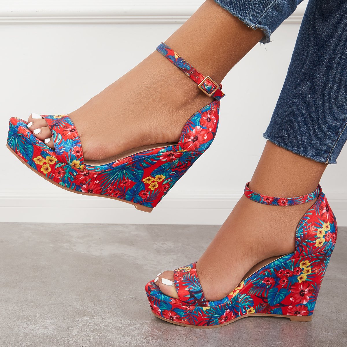 Women's Printed Floral Style Platform Wedges Ankle Strap Sandals