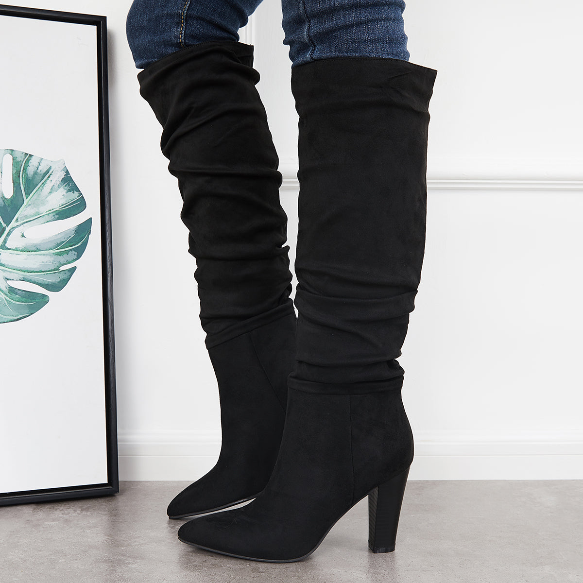 Women Slouch Knee High Boots Wide Calf Chunky Stack Heel Booties