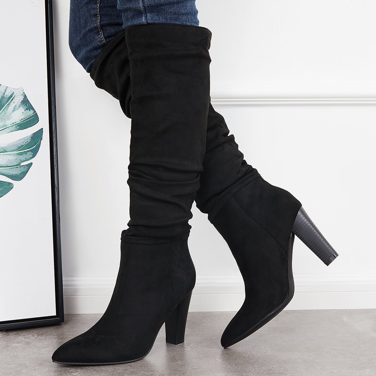 Women Slouch Knee High Boots Wide Calf Chunky Stack Heel Booties