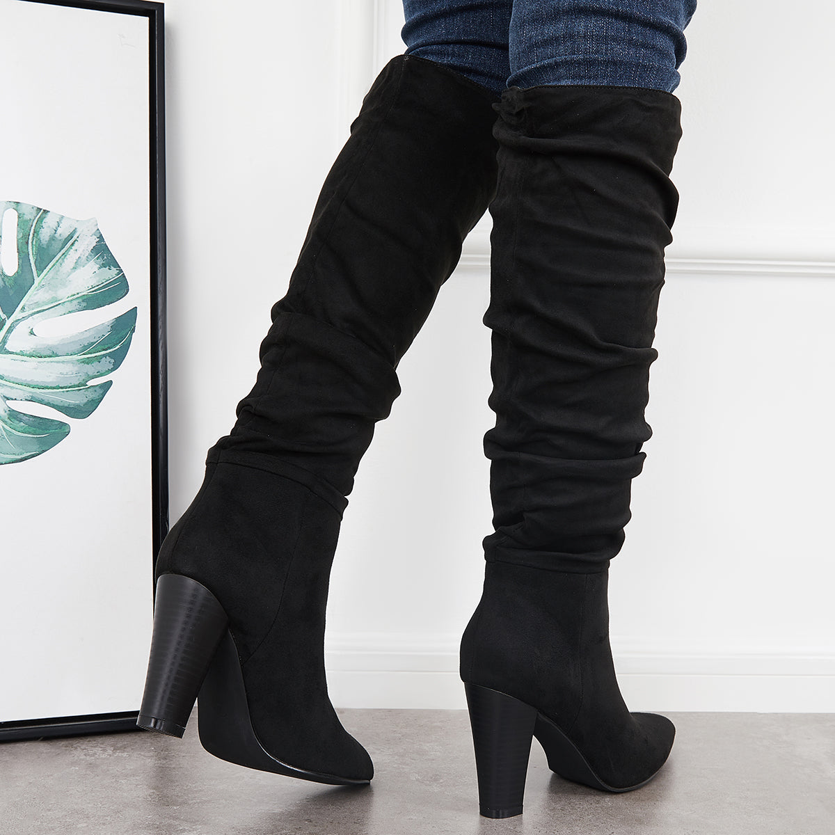 Women Slouch Knee High Boots Wide Calf Chunky Stack Heel Booties