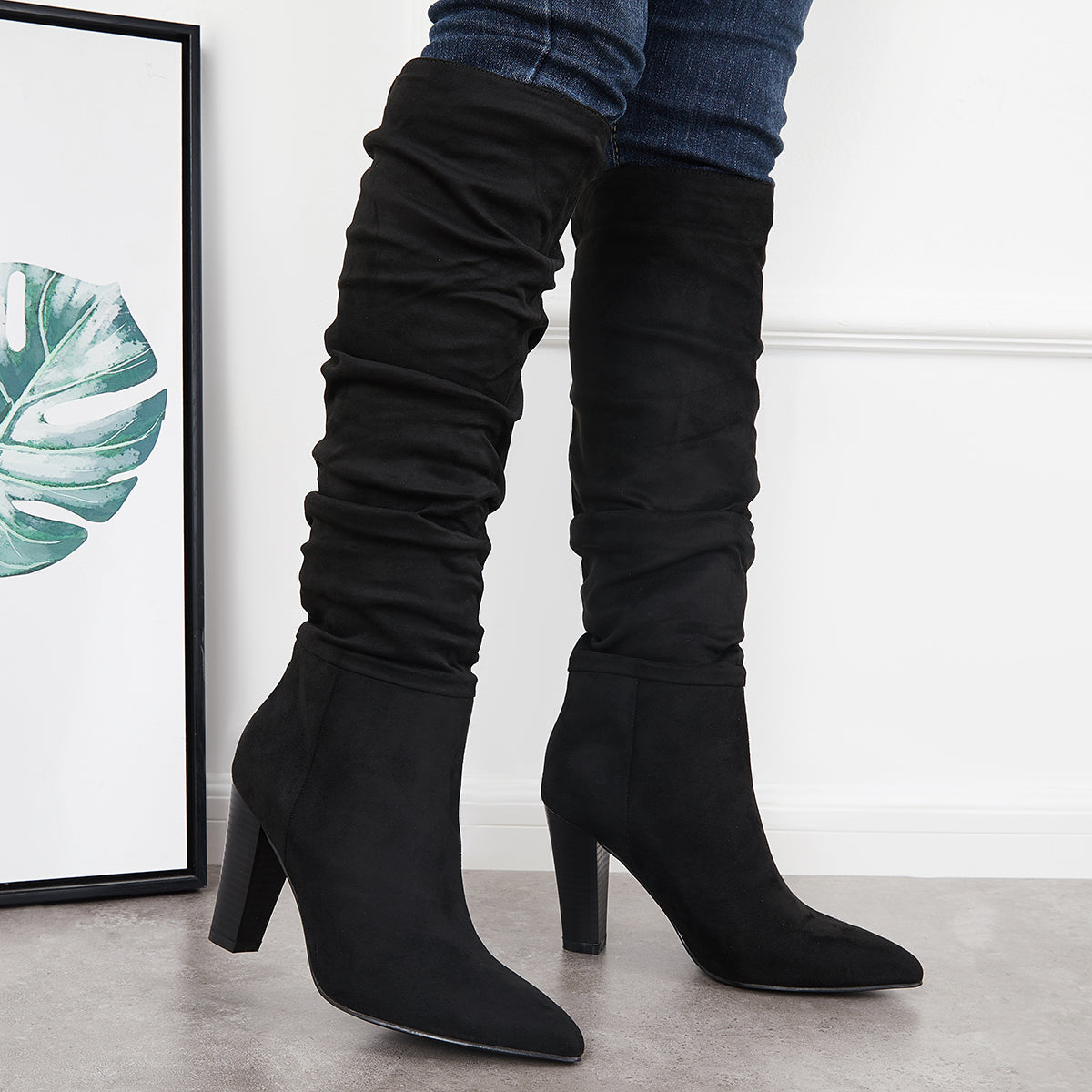 Women Slouch Knee High Boots Wide Calf Chunky Stack Heel Booties