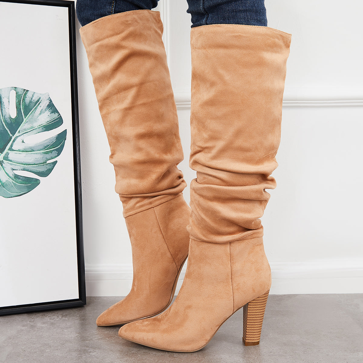 Women Slouch Knee High Boots Wide Calf Chunky Stack Heel Booties