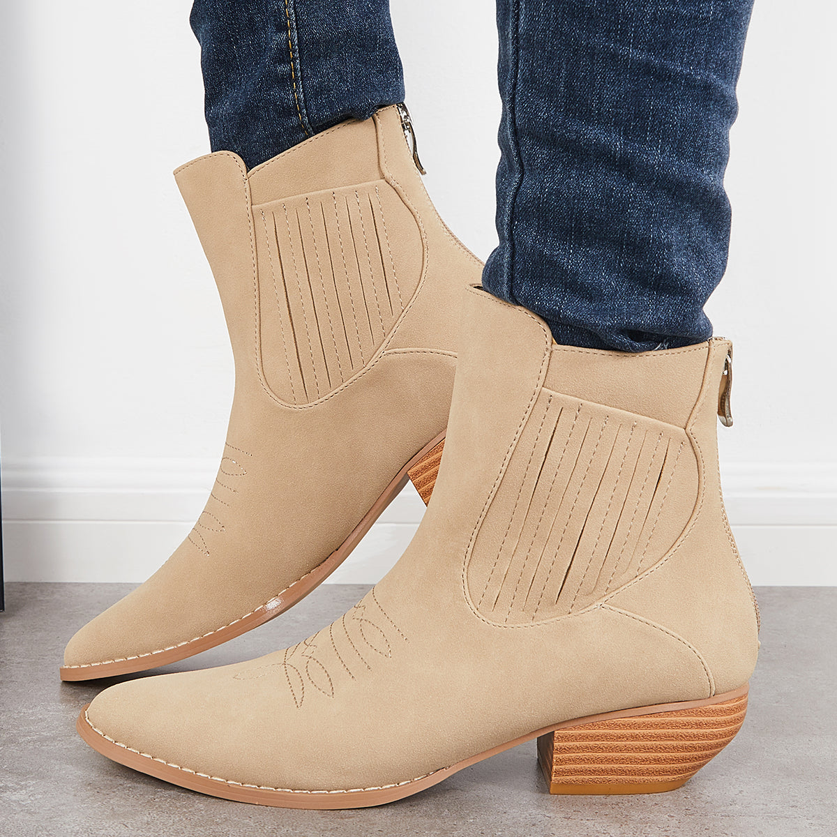 Women Western Cowboy Booties Chunky Stacked Heel Zipper Ankle Boots