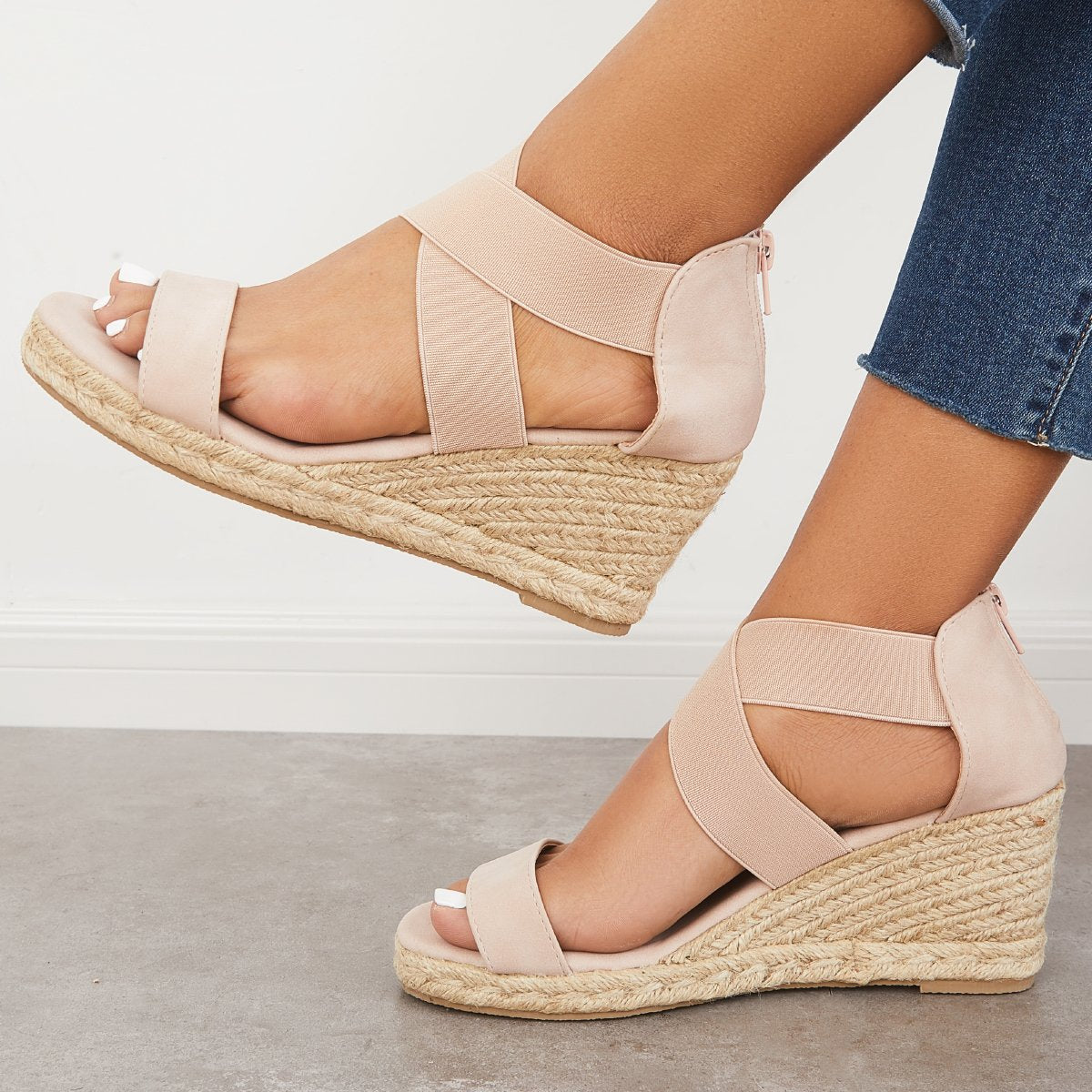 Women's Wedding Wedges Open Toe Espadrille Suede Sandals Cross Strap Wedges