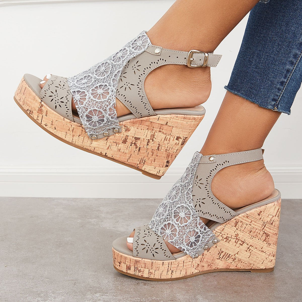 Women's Gray Summer Platform Wedge Sandals Open Toe Lace Cork High Heel Sandals