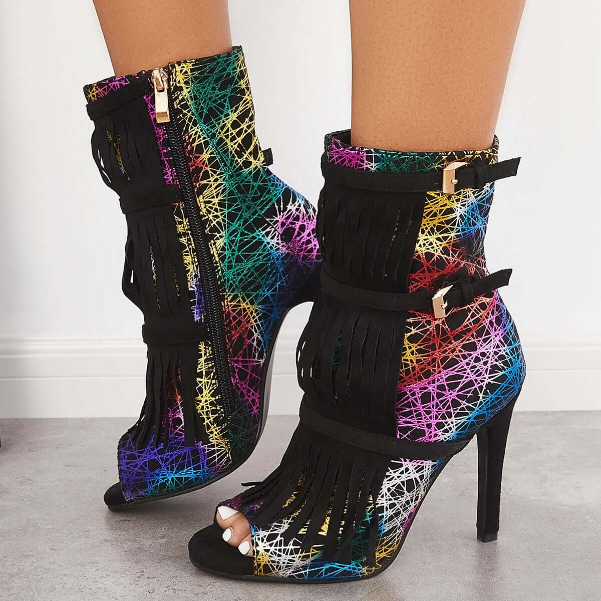 Fashion Fringe Peep Toe Stilettos High Heels Ankle Boots