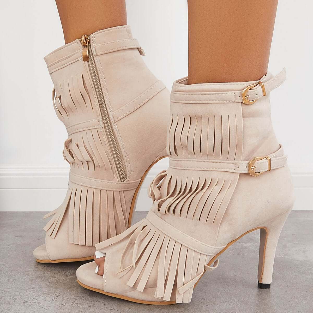 Women's Fashion Fringe Peep Toe Stilettos High Heels Ankle Boots