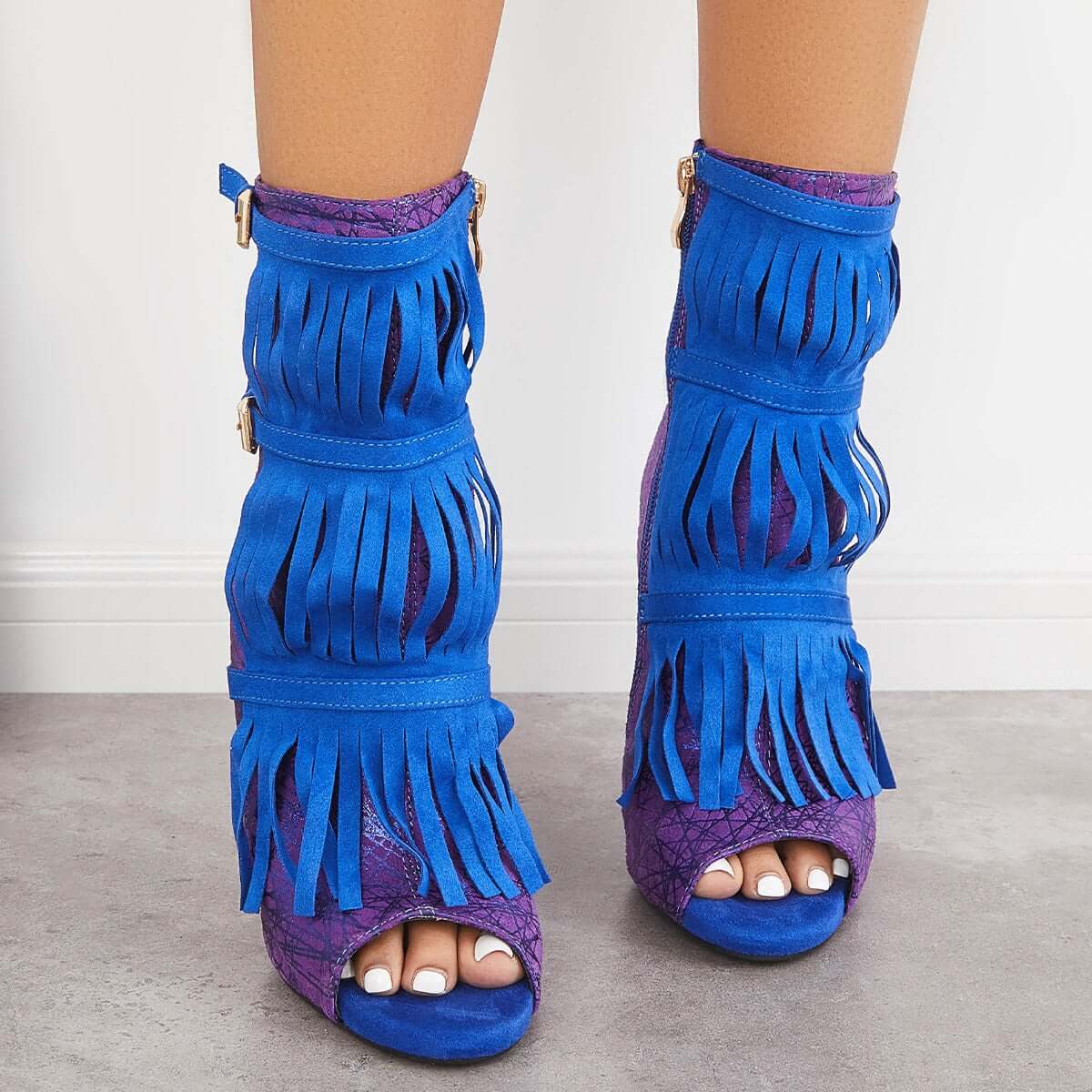 Fashion Fringe Peep Toe Stilettos High Heels Ankle Boots