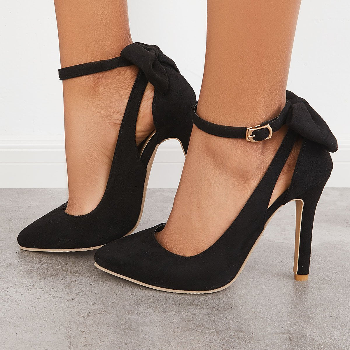 Women's Wedding Heels Bowknot Suede Heels Thin Heel Buckle Pump Adjustable Belt Dress Sandals