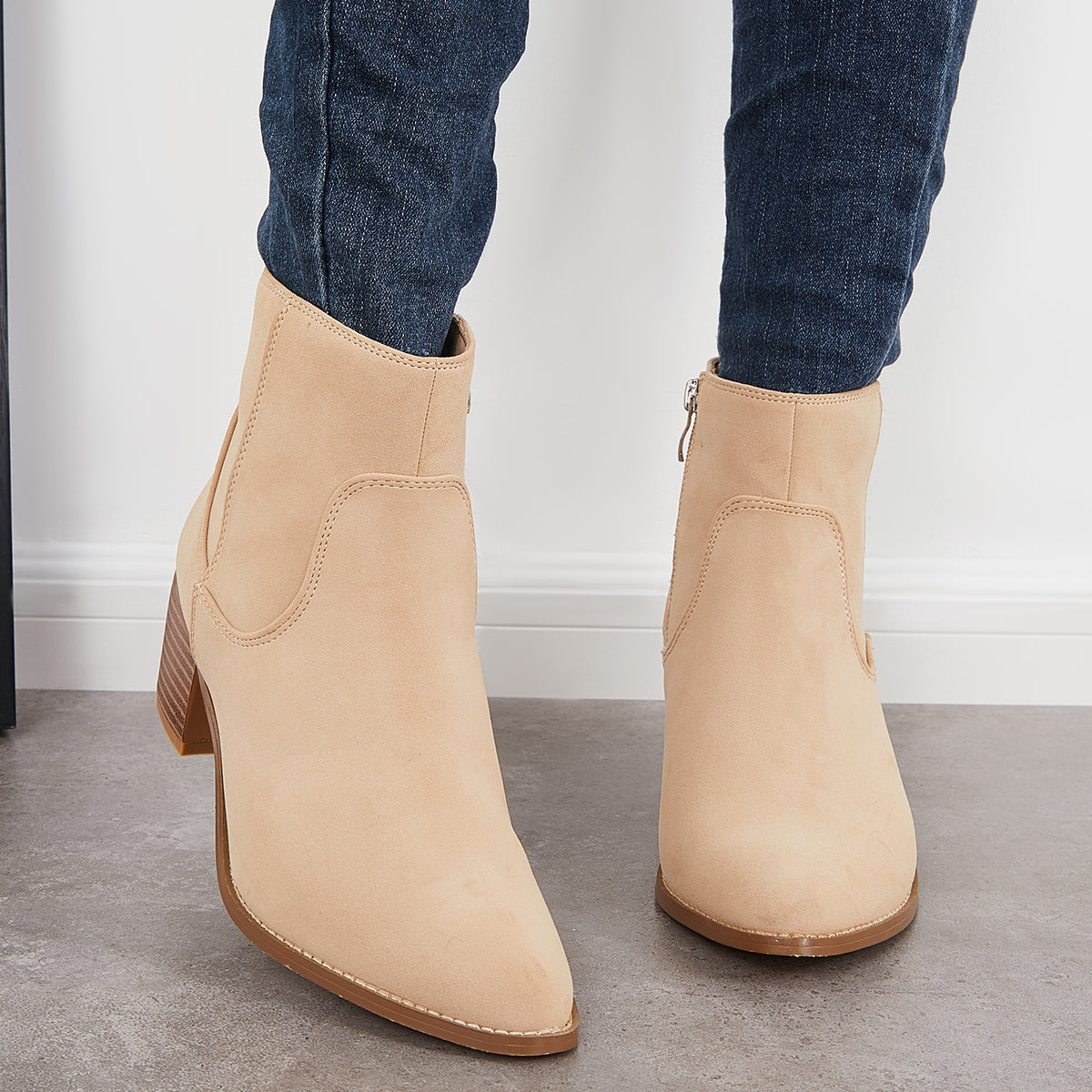 Women Chunky Block Heel Ankle Boots Pointed Toe Casual Winter Booties