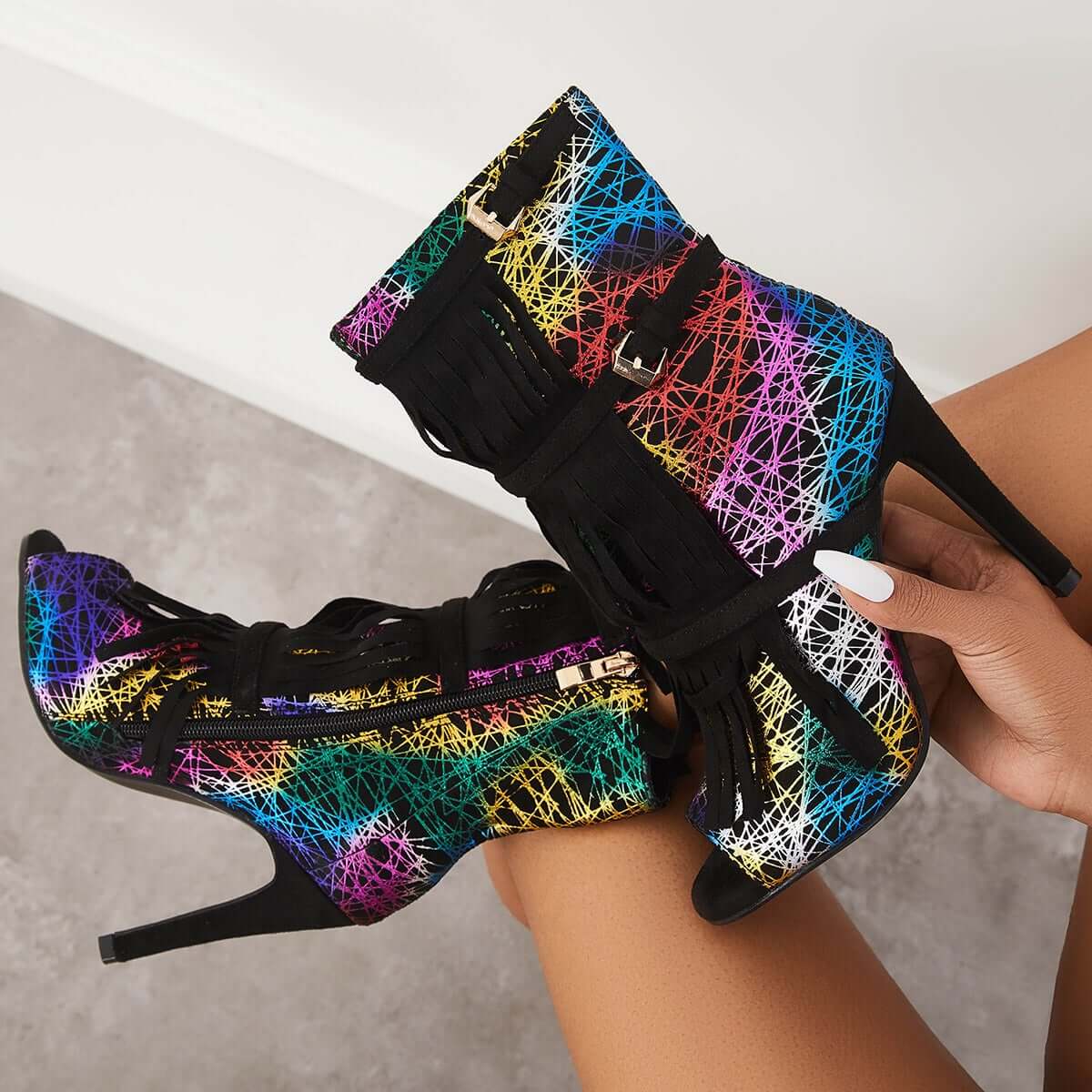 Fashion Fringe Peep Toe Stilettos High Heels Ankle Boots