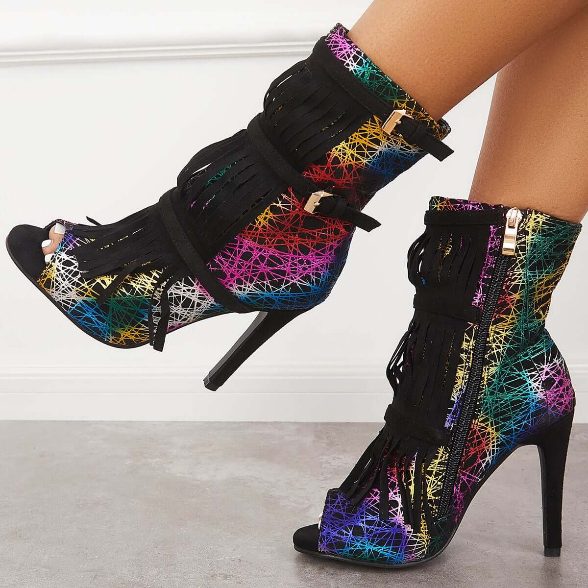 Fashion Fringe Peep Toe Stilettos High Heels Ankle Boots