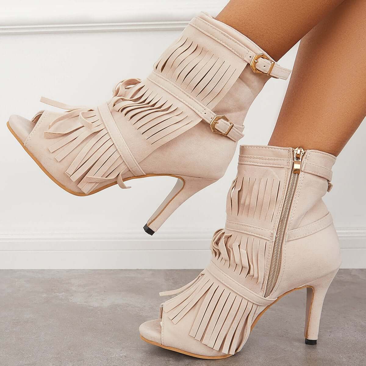 Women's Fashion Fringe Peep Toe Stilettos High Heels Ankle Boots