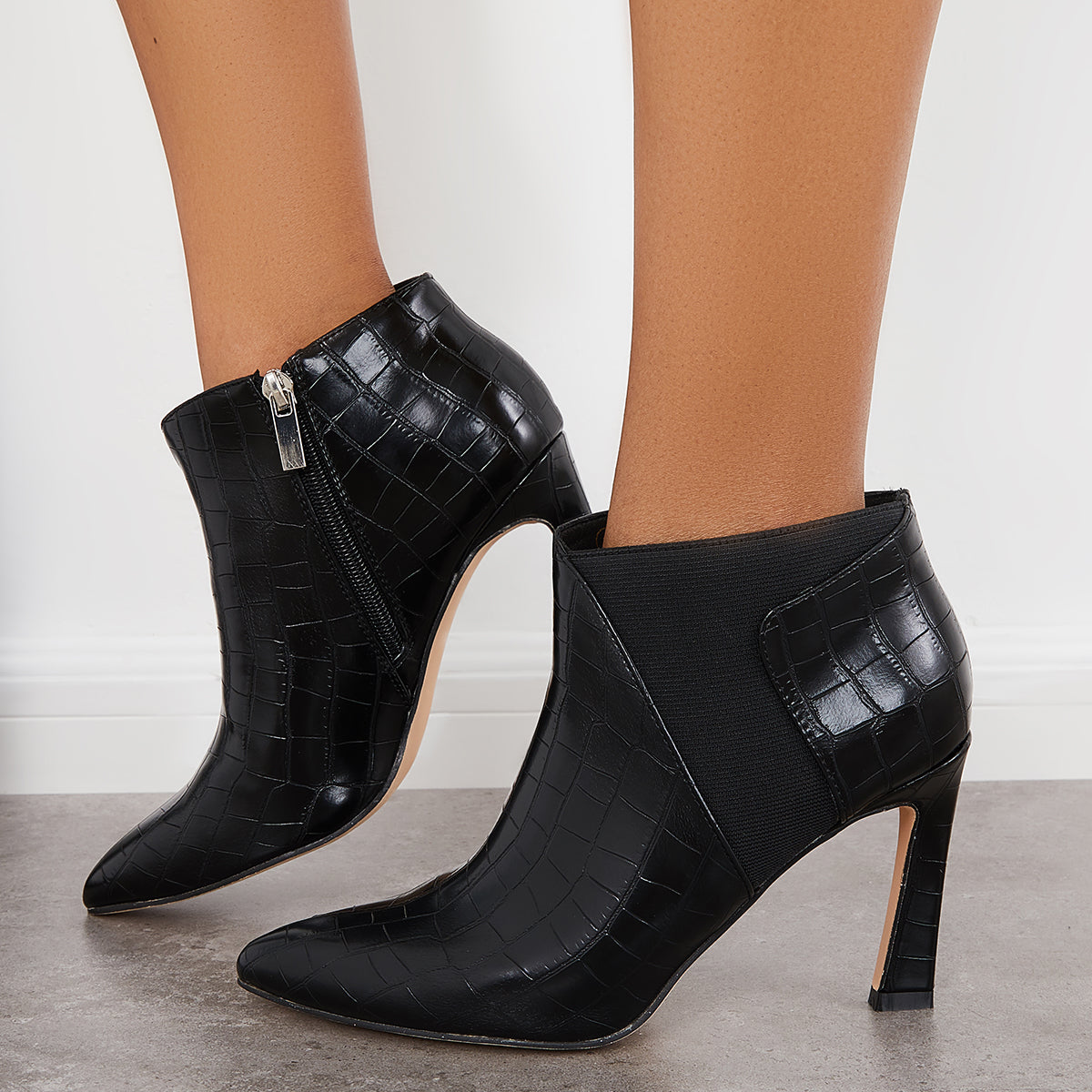 Pointed Toe Stiletto High Heels Ankle Boots Elastic Side Zipper Booties